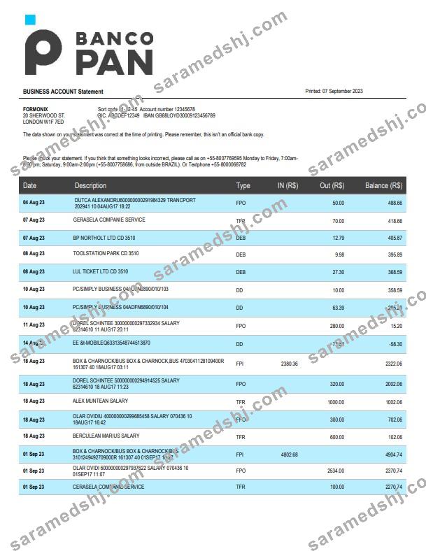 Banco Pan Bank firm account statement Word and PDF template